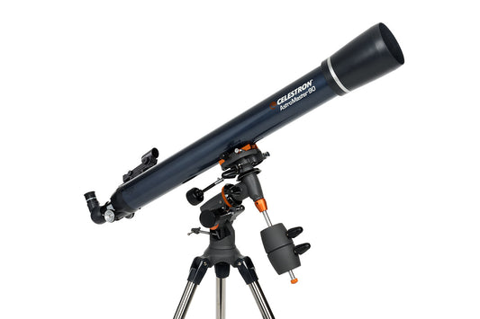 Lunette AstroMaster 90 EQ — détail de la monture équatoriale et des boutons de mise en station