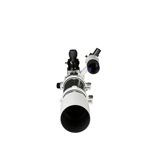 Objectif 80 mm de la lunette Sky-Watcher Evostar 80 ED vu de face, pare-buée rétractable déployé