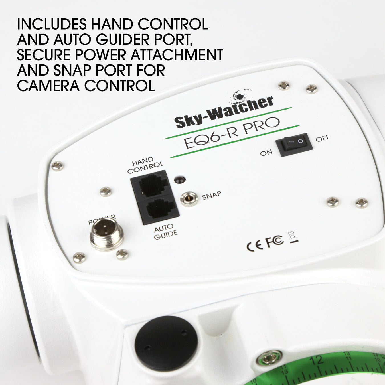 Connectique de l'EQ6-R Pro — port autoguidage ST-4, port SNAP, USB-B et alimentation 12 V