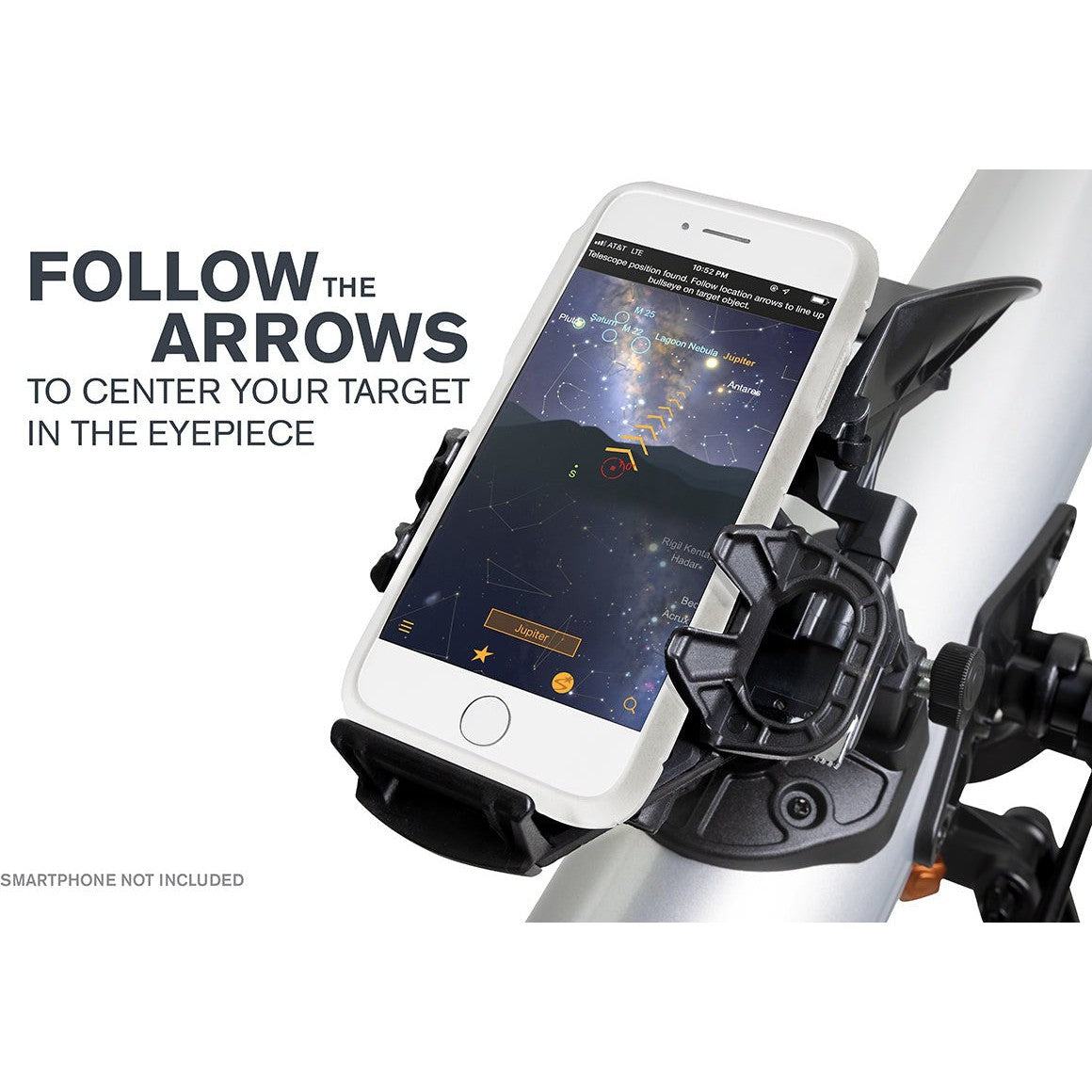 StarSense Explorer LT 70AZ — berceau StarSense recevant le téléphone au-dessus du miroir de renvoi
