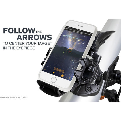 StarSense Explorer LT 70AZ — berceau StarSense recevant le téléphone au-dessus du miroir de renvoi