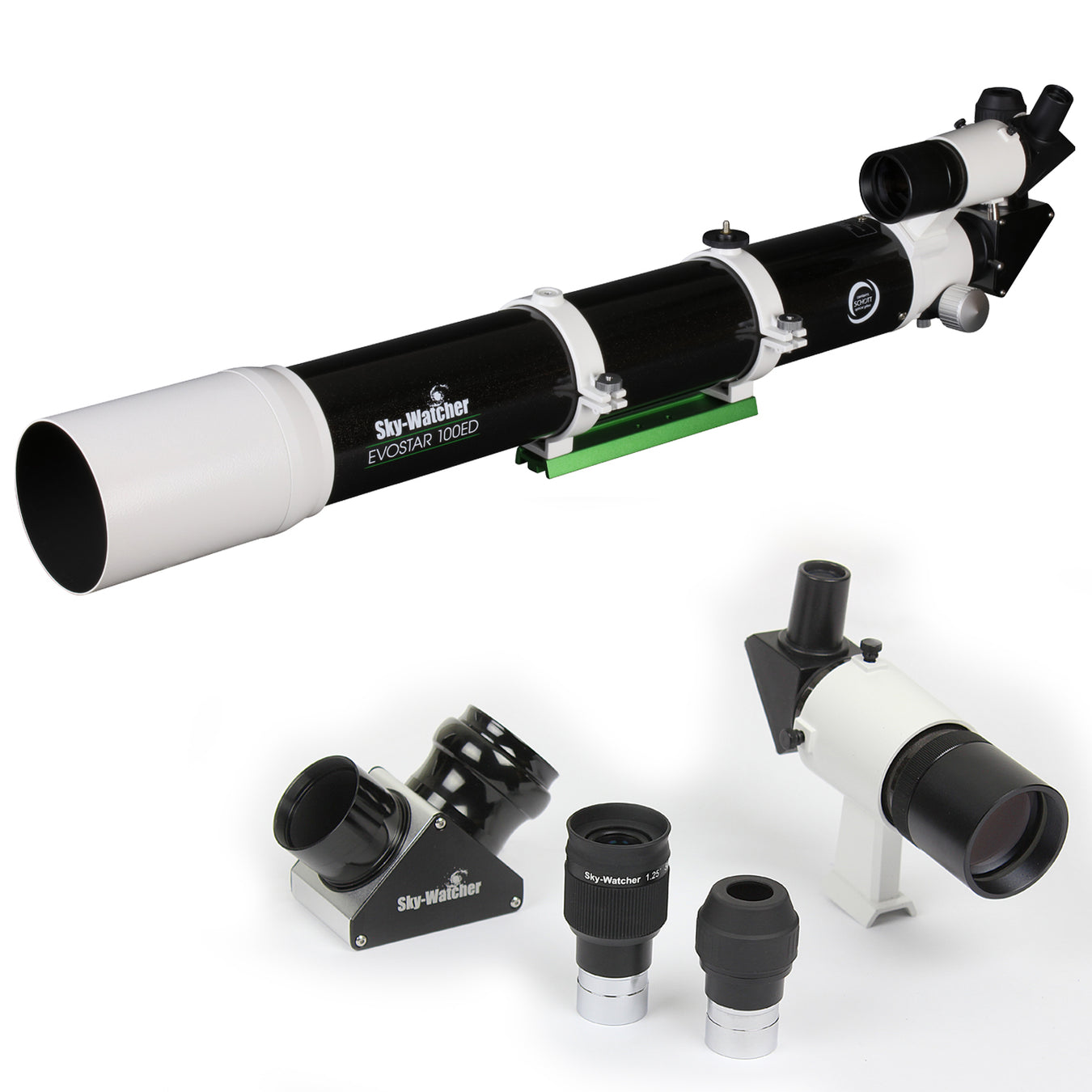 Lunette astronomique Sky-Watcher Evostar 100/900 ED APO — doublet apochromatique 100 mm avec colliers et queue-d'aronde