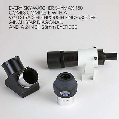 Accessoires du télescope Sky-Watcher Mak 127 : oculaire 28 mm en 50,8 mm, renvoi coudé 2 pouces et chercheur 6x30